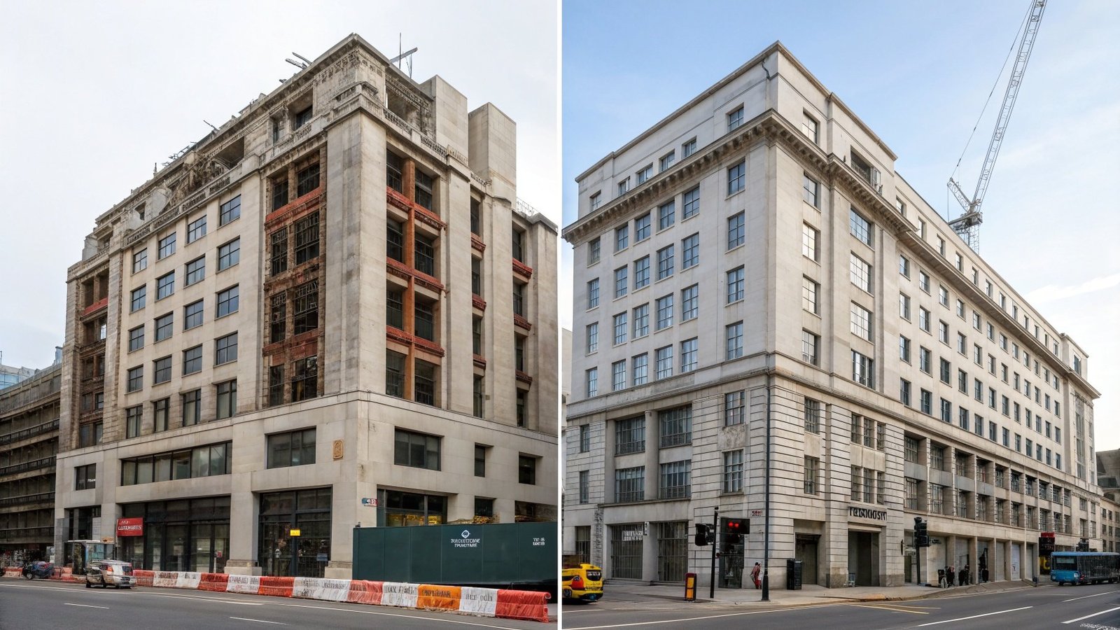 Before and after images showing dilapidations assessment and building refurbishment