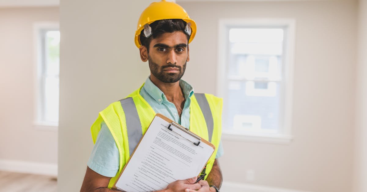 RICS-accredited professional property inspector wearing a hard hat and high-visibility vest with clipboard on site