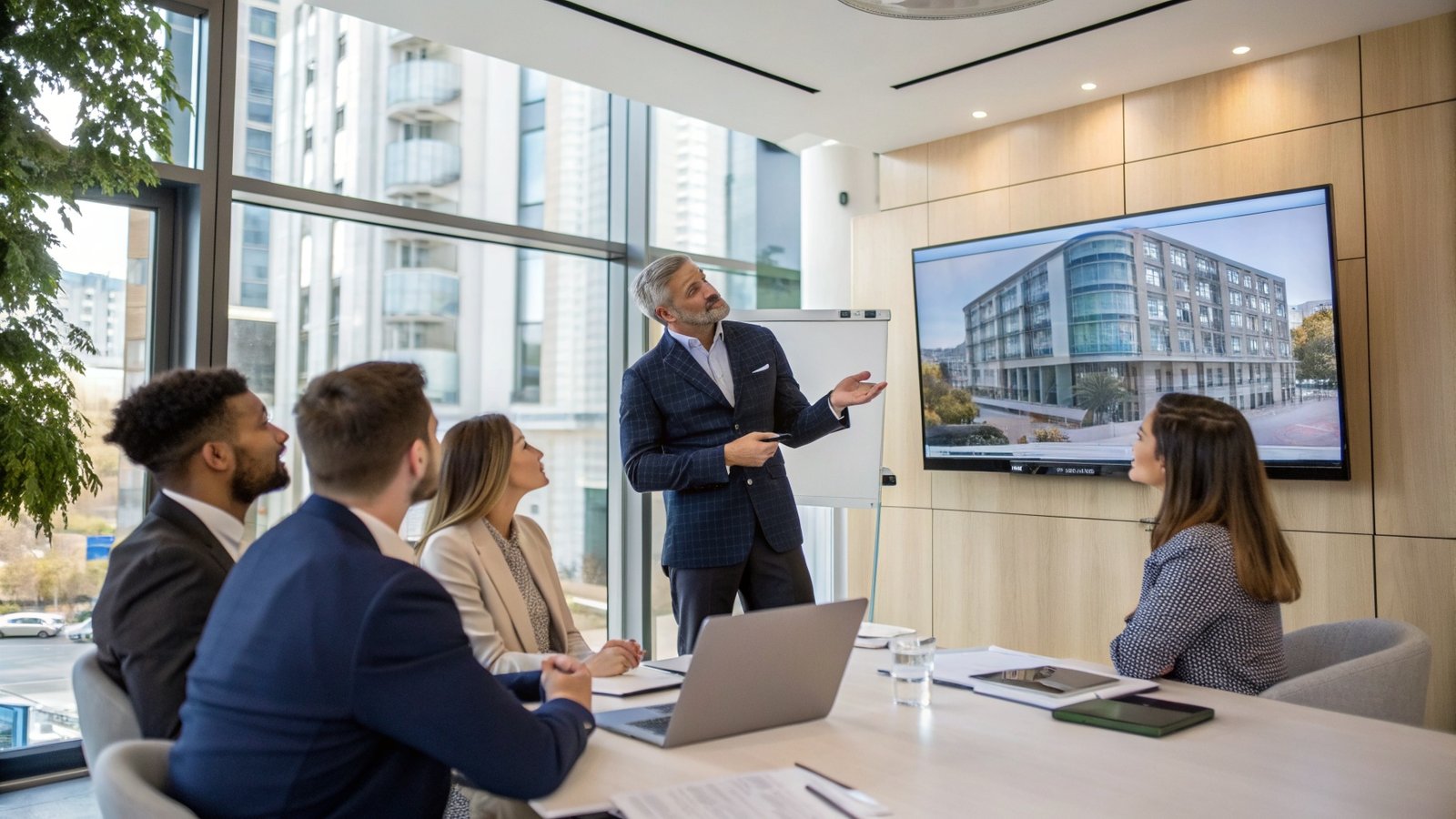 Technical due diligence consultation between surveyor and commercial property owners