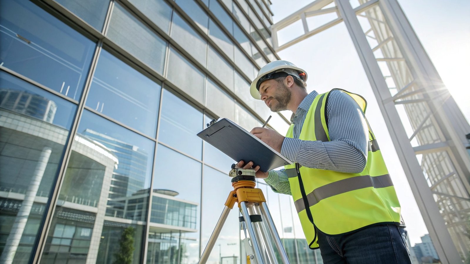Professional building surveyor conducting thorough inspection of commercial building