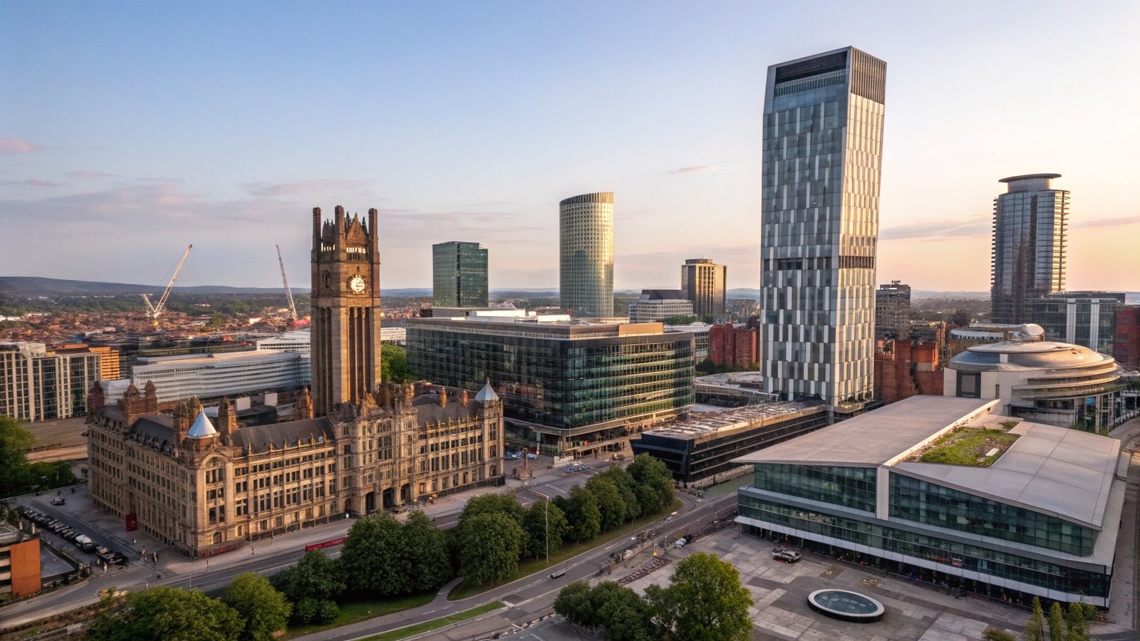 Manchester commercial district showing modern office buildings and business properties representing regional UK cities